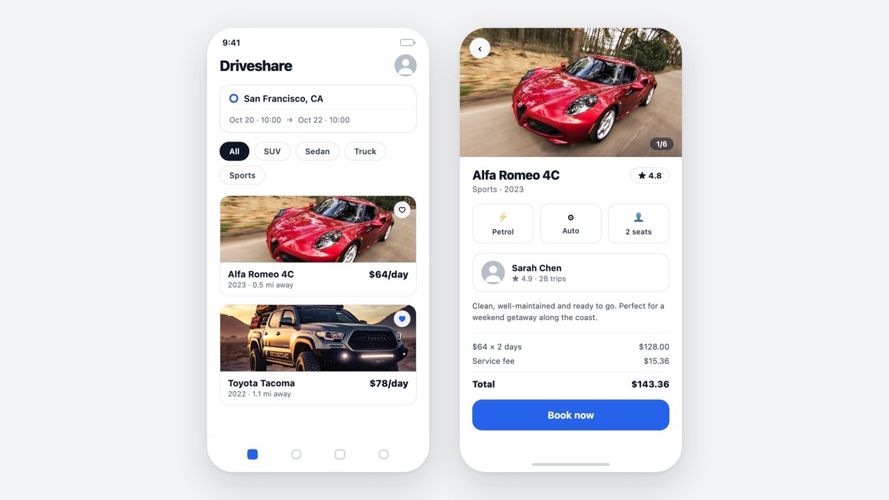 Mockup of a car-sharing app showing a vehicle search screen and a booking screen with price breakdown
