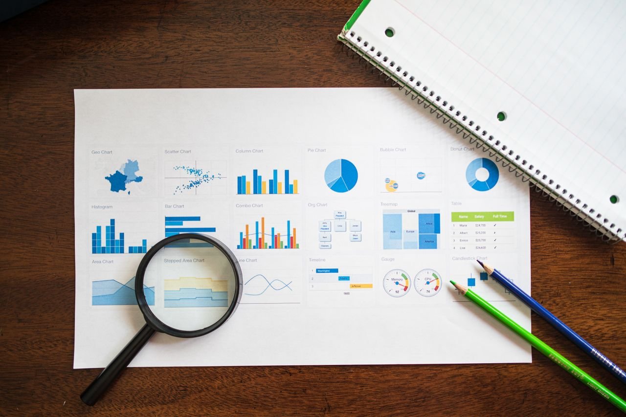 Magnifying glass over a printed sheet of colorful chart types