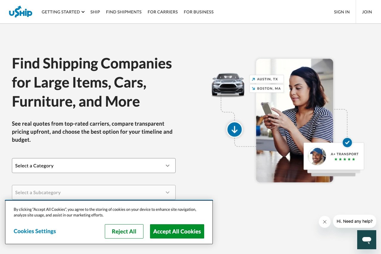 The uShip homepage showing its shipping-marketplace search and carrier quotes